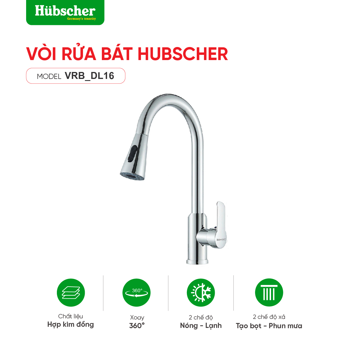Vòi rửa bát dây rút đồng Hubscher VRB_Dl16