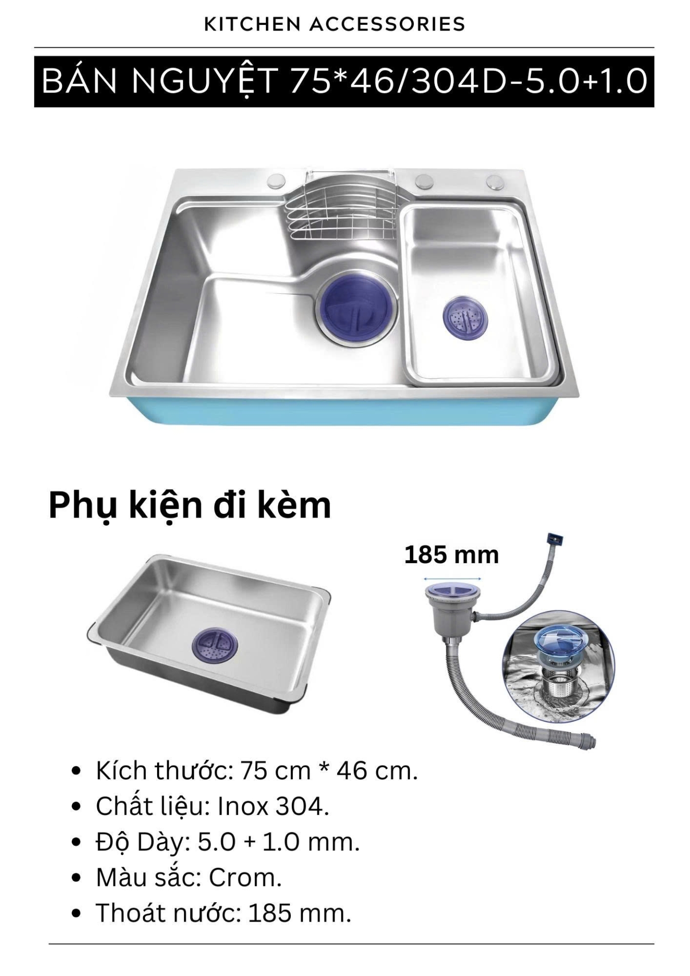 Chậu rửa bát Hubscher 1 hố INOX NANO Model: CR1HN_BN I304 KT_75*46